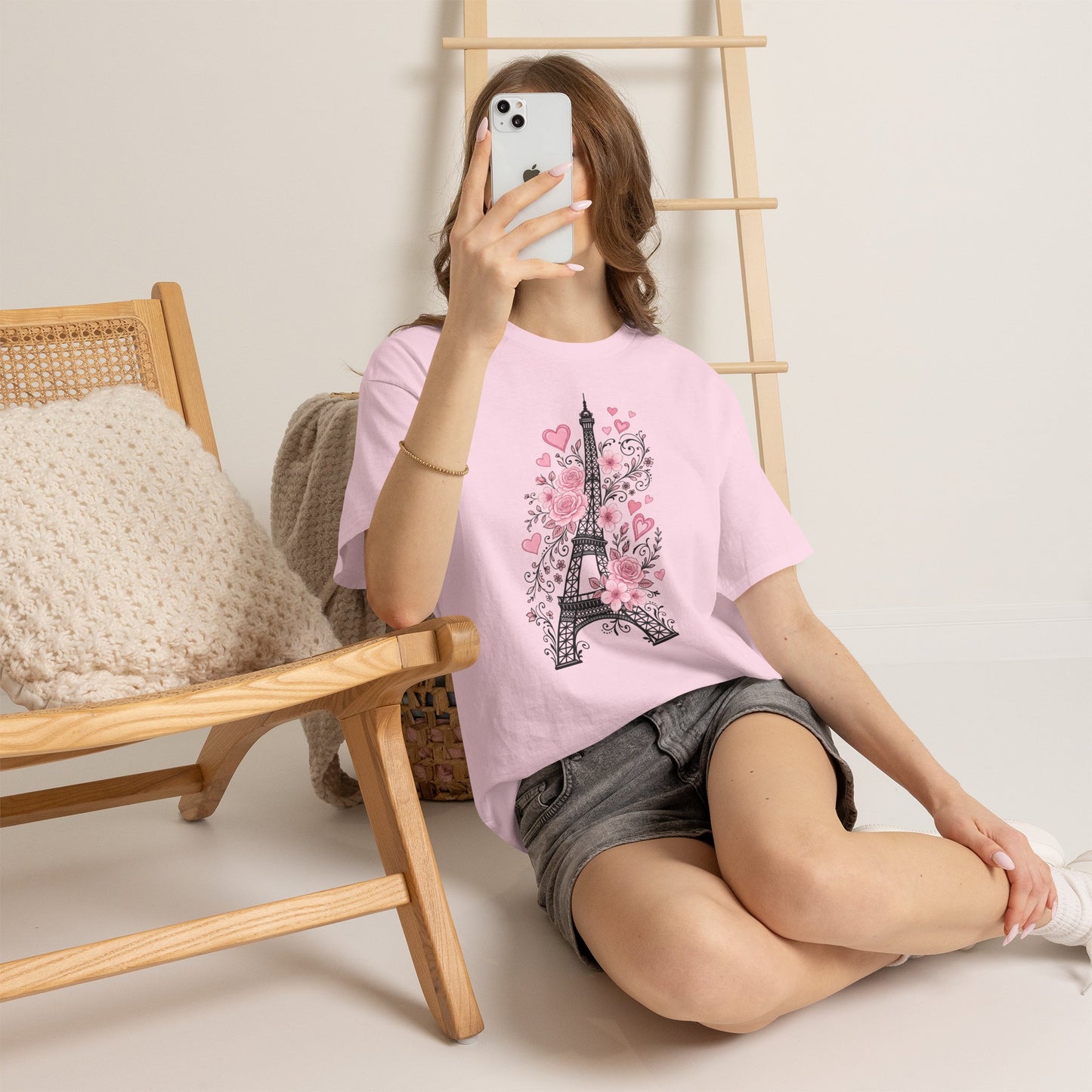 Paris Eiffel Tower Floral T-Shirt – Pink Roses & Hearts Tee