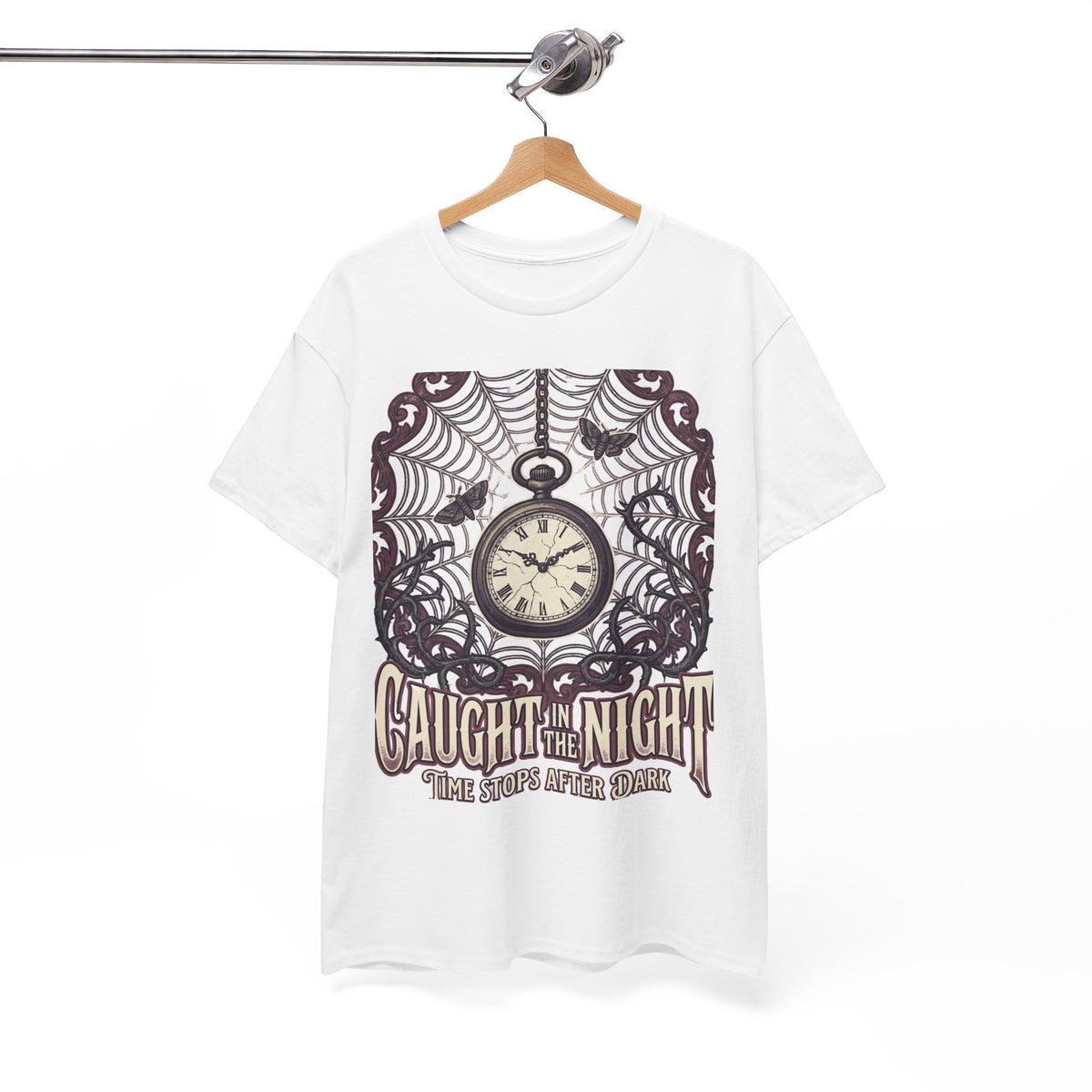 Caught in the Night Pocket Watch Tee — Gothic Spiderweb Vintage Clock T‑Shirt