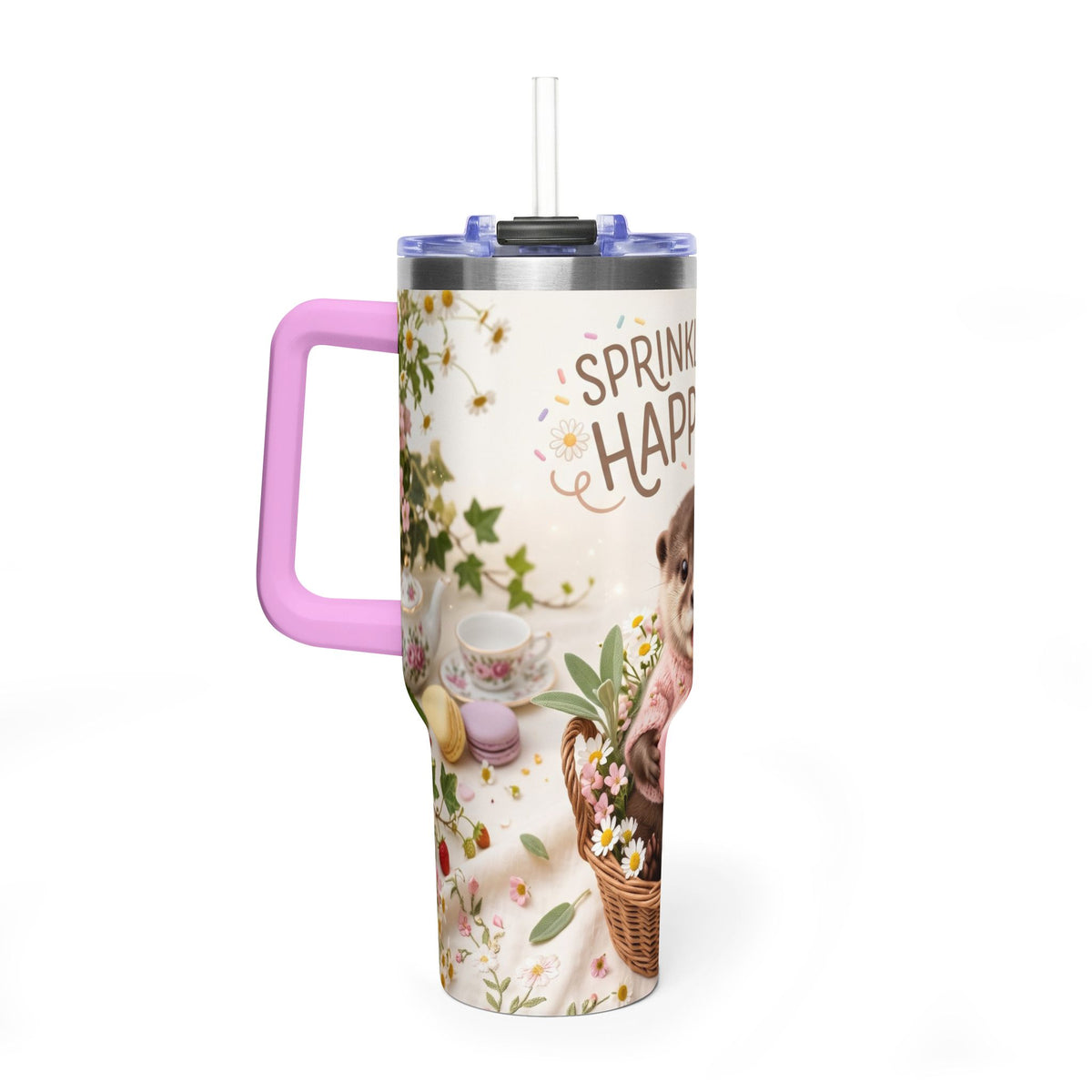 40oz Tumbler – “Sprinkled with Happiness” Puppy Floral Drink Cup