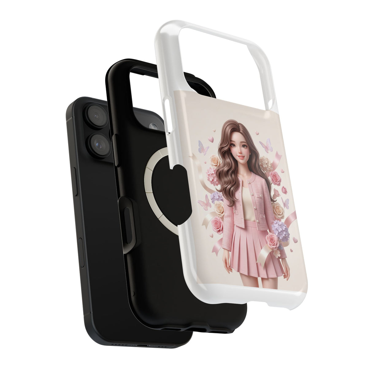 Cute Pink Doll Phone Case — Floral Butterfly Magnetic Impact-Resistant Case