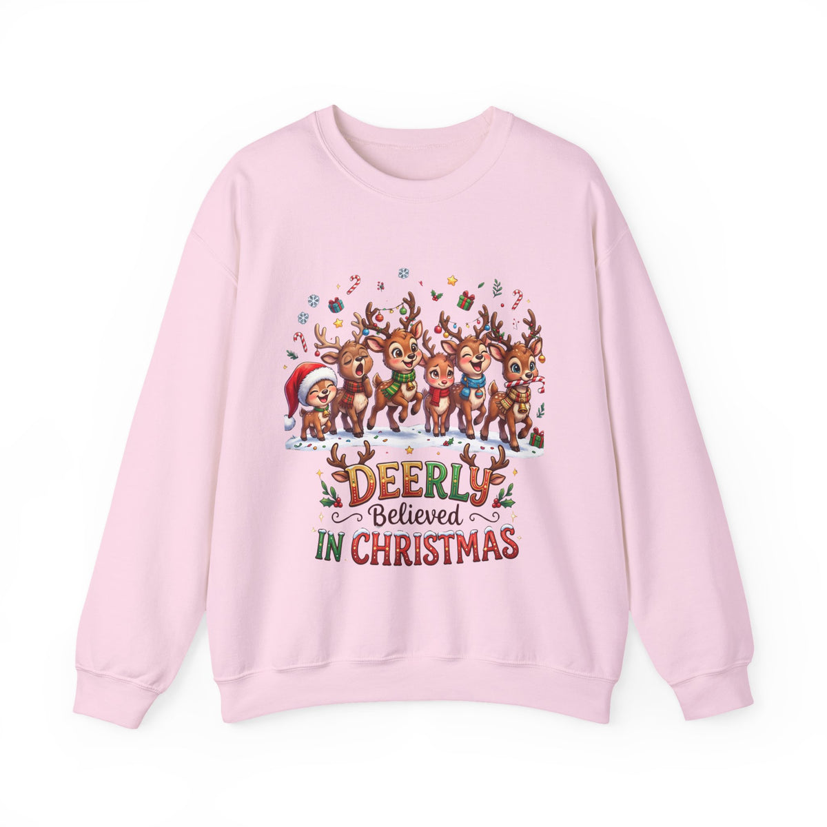 Christmas Reindeer Crewneck Sweatshirt — "Deerly Believed in Christmas" Holiday Pullover
