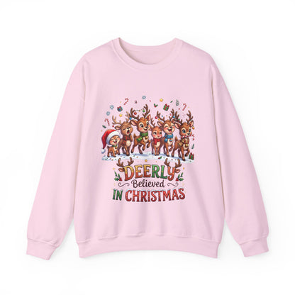 Christmas Reindeer Crewneck Sweatshirt — "Deerly Believed in Christmas" Holiday Pullover