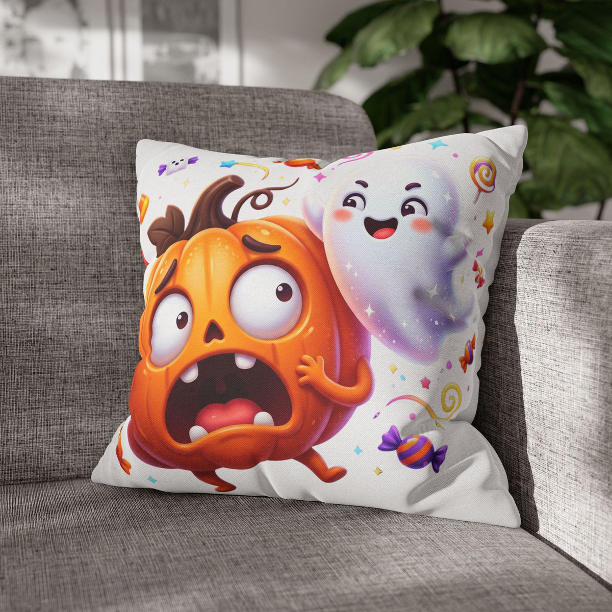 Halloween Pumpkin & Ghost Throw Pillowcase — Cute Spooky Decorative Pillow