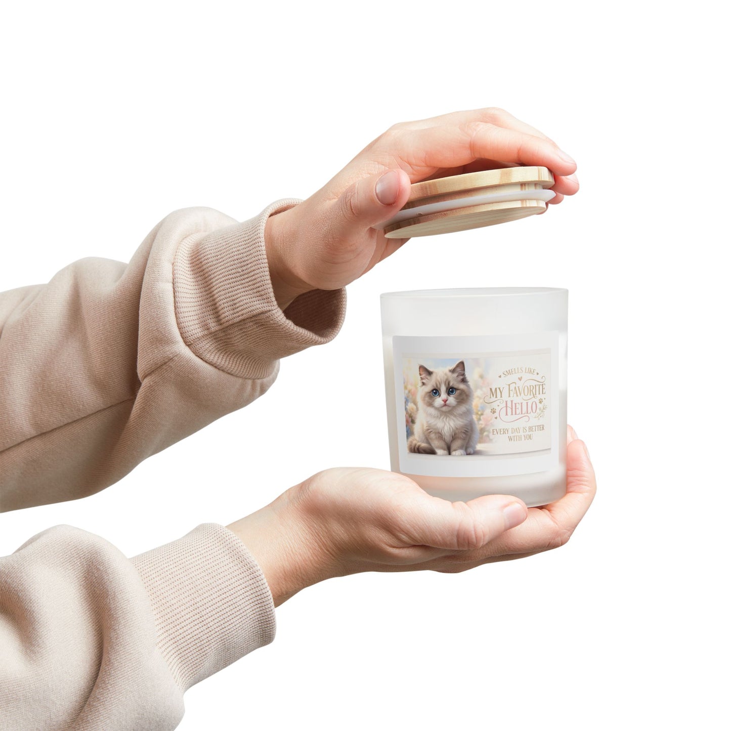 Kitten Photo Frosted Glass Candle — “My Favorite Hello” Scented Candle, 11 oz