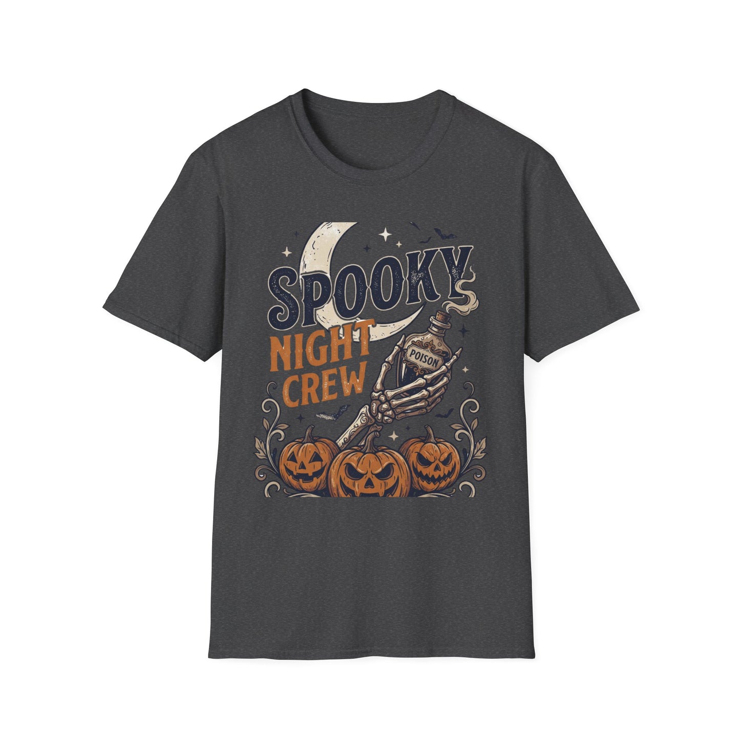 Spooky Night Crew T-Shirt — Halloween Moon, Skeleton & Pumpkins Tee