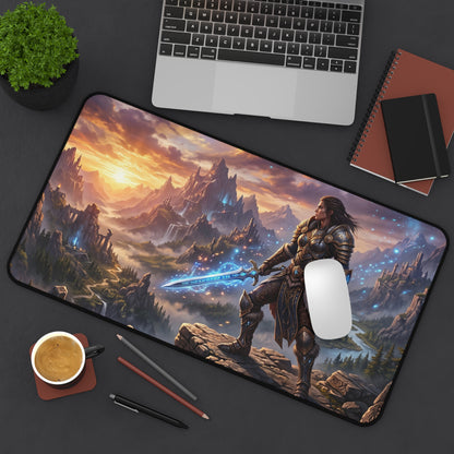 Epic Fantasy Warrior Desk Mat — Scenic Sword & Mountain Gaming Mouse Pad