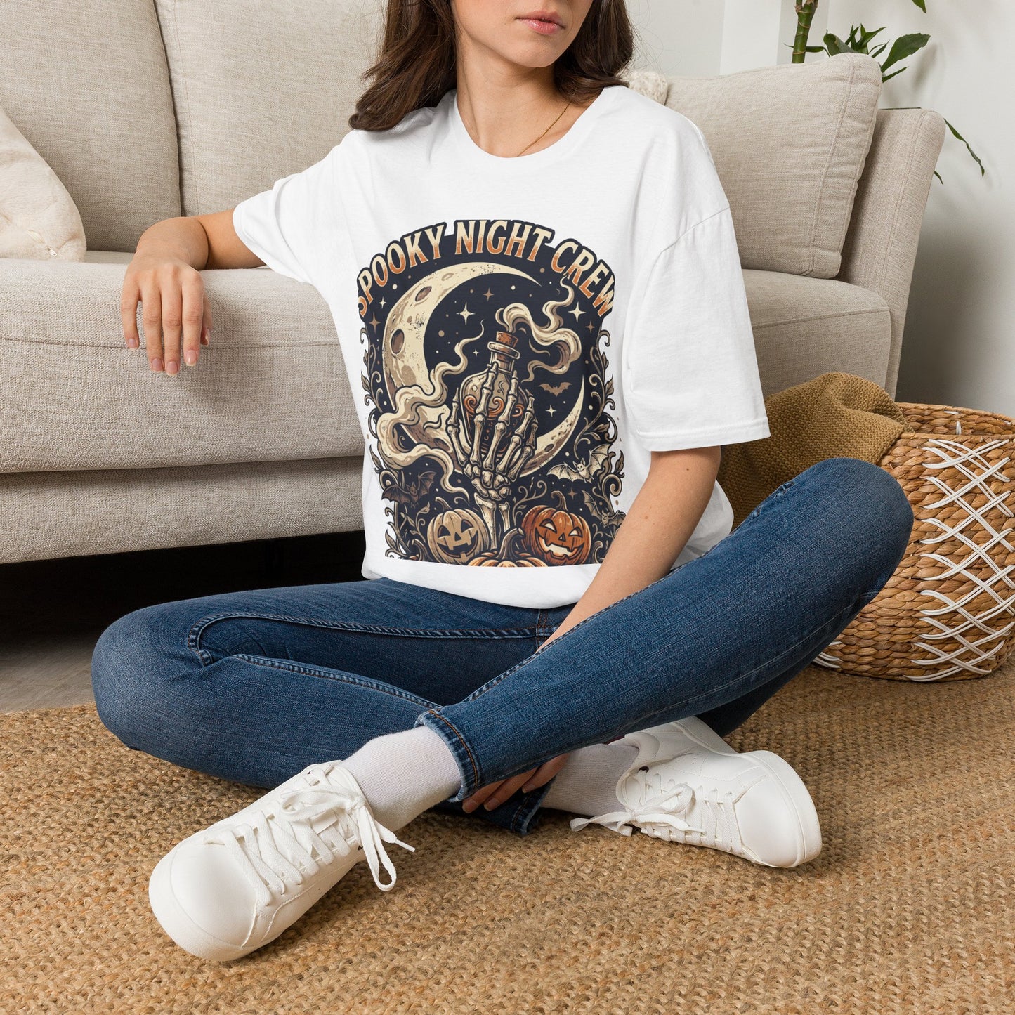 Spooky Night Crew T-Shirt — Vintage Halloween Moon & Skeleton Graphic