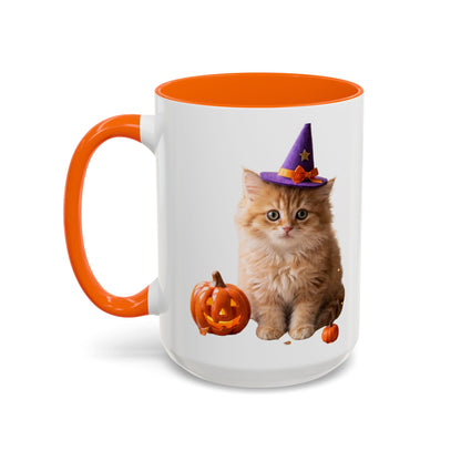 Halloween Cat Coffee Mug with Witch Hat and Pumpkin