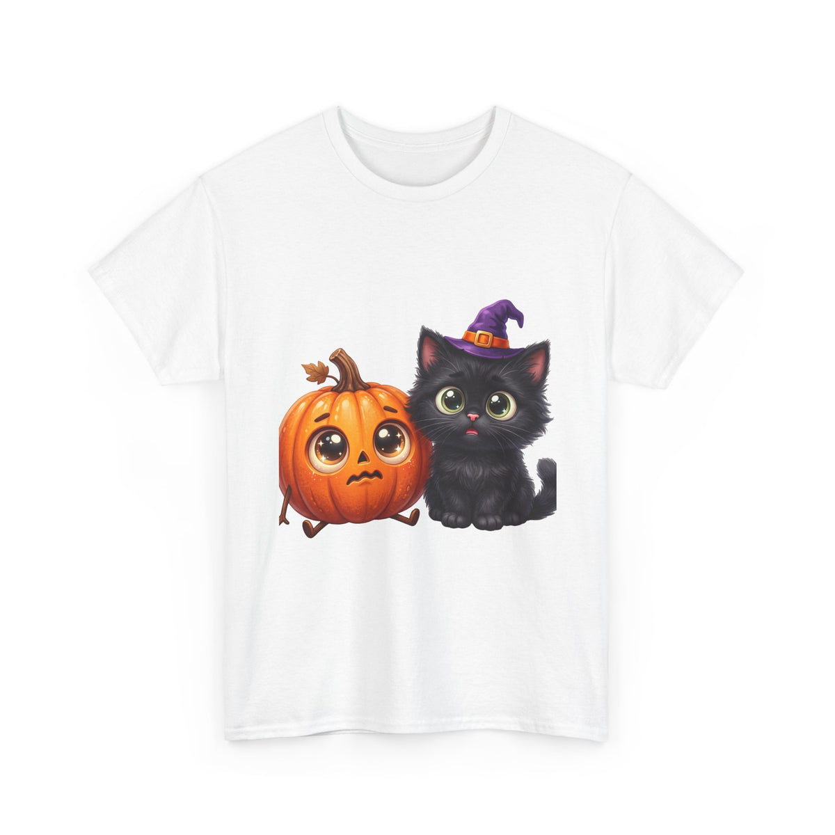 Halloween Black Cat & Pumpkin T‑Shirt — Cute Witch Hat Kitty Fall Tee