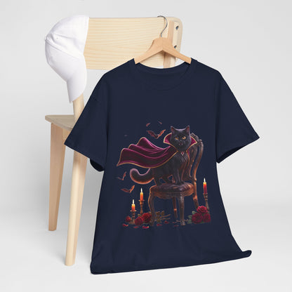 Vampire Cat Tee — Gothic Black Cat with Cape & Candles T-Shirt