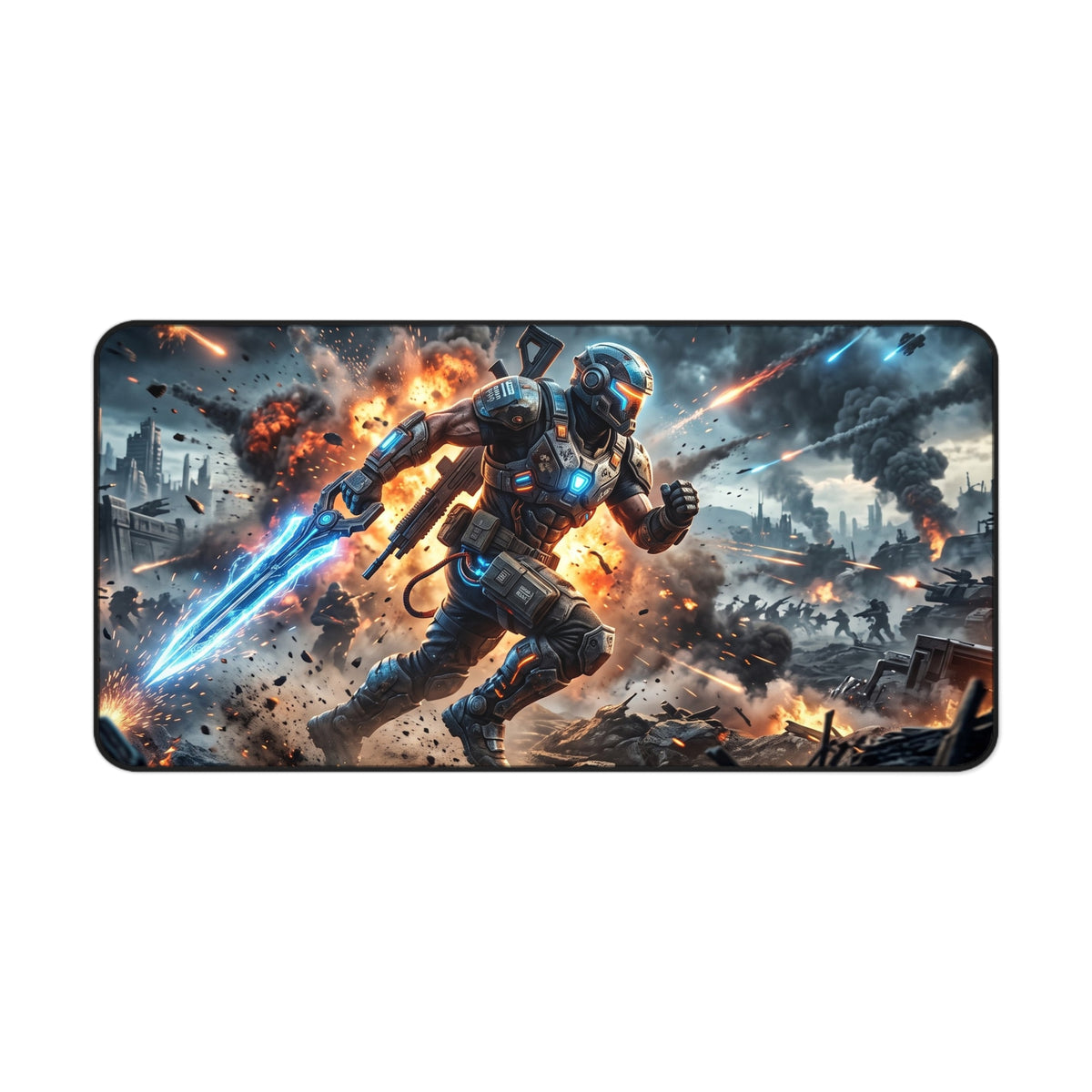 Futuristic Soldier Gaming Desk Mat — Sci‑Fi Battle Scene Mouse Pad