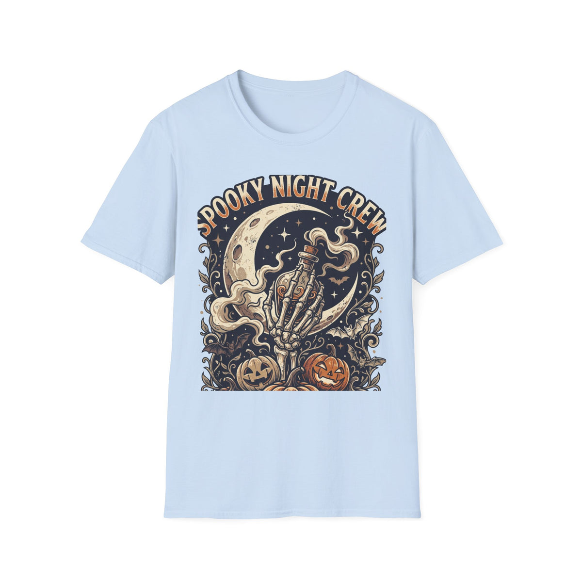 Spooky Night Crew T-Shirt — Vintage Halloween Moon & Skeleton Graphic
