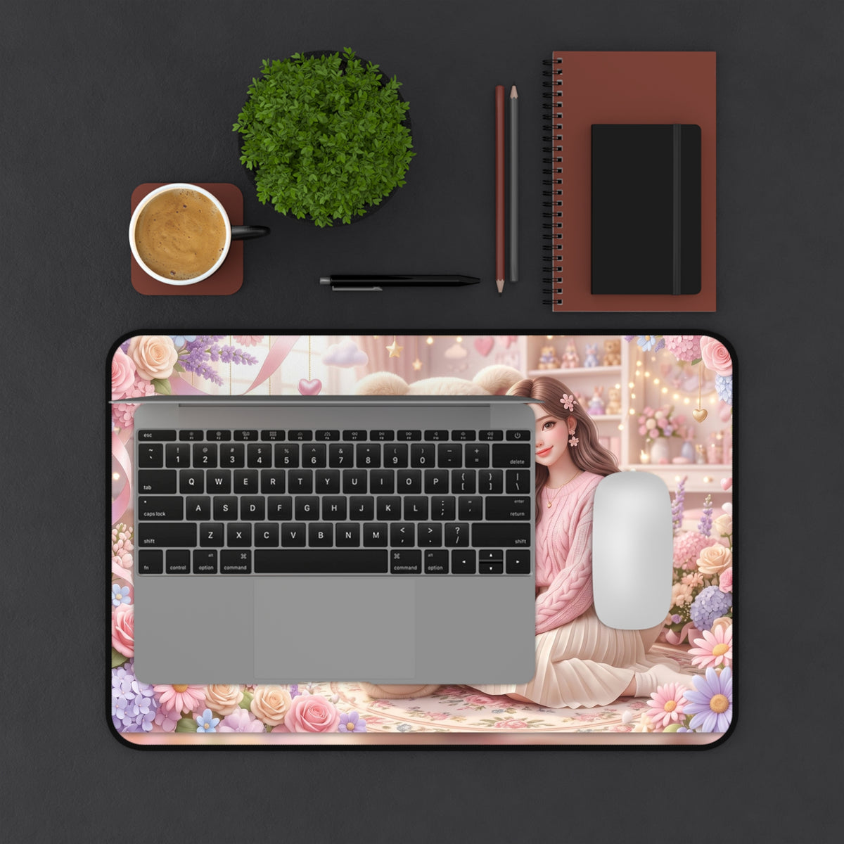 Cute Teddy Bear Desk Mat — Pastel Floral Girl Mousepad