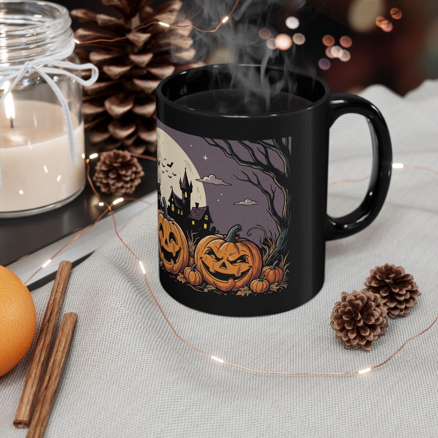 Halloween Pumpkin Night Mug — Spooky Jack-O'-Lantern Black Coffee Cup