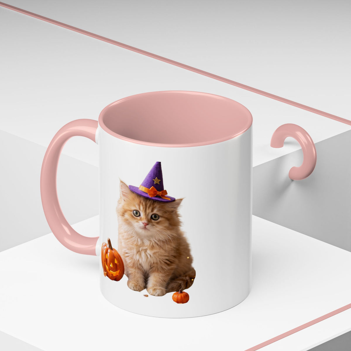 Halloween Cat Coffee Mug with Witch Hat and Pumpkin