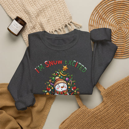 Christmas Sweatshirt – "I’m Snow Excited for Christmas" Cute Snowman Tree Holiday Crewneck