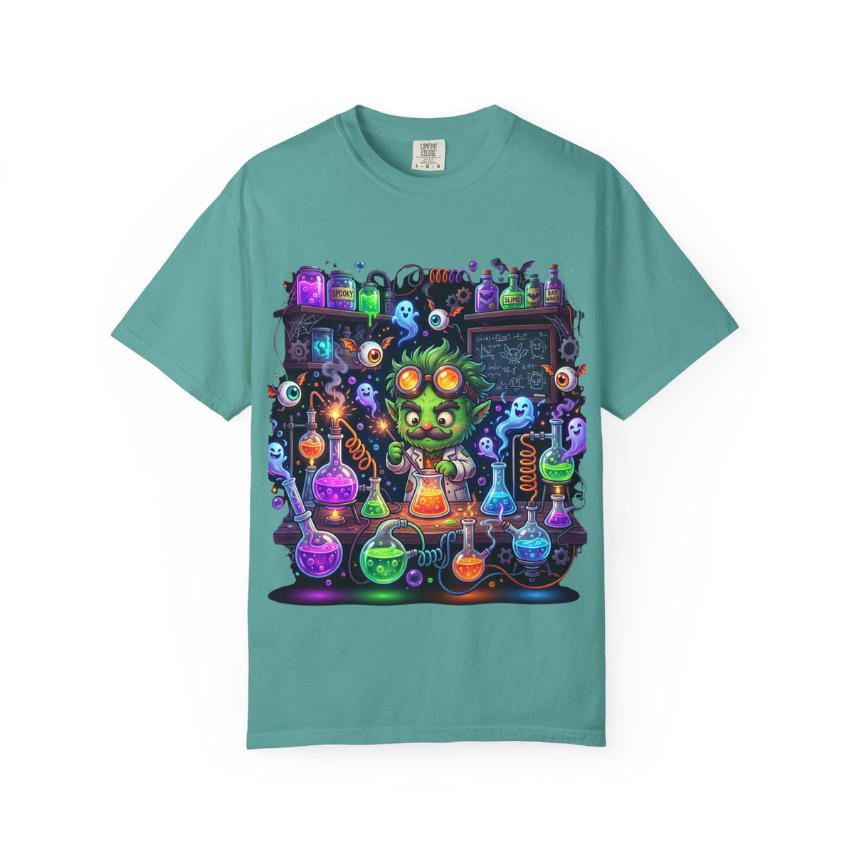 Mad Scientist Cat Lab T-Shirt — Neon Potion Halloween Tee