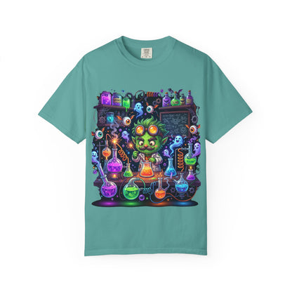Mad Scientist Cat Lab T-Shirt — Neon Potion Halloween Tee