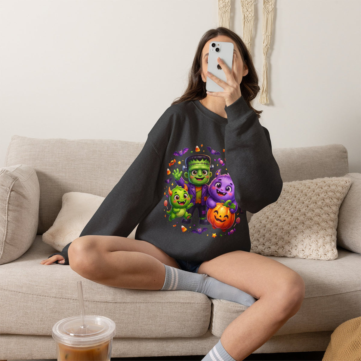 Halloween Monster Crewneck Sweatshirt — Cute Frankenstein, Vampire & Pumpkin Design