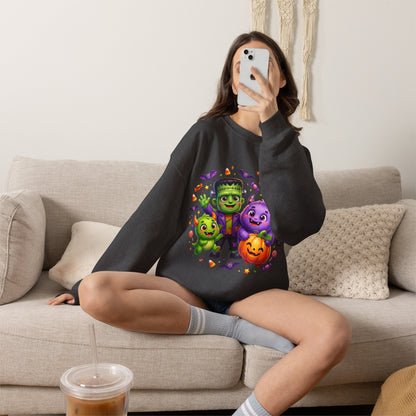 Halloween Monster Crewneck Sweatshirt — Cute Frankenstein, Vampire & Pumpkin Design