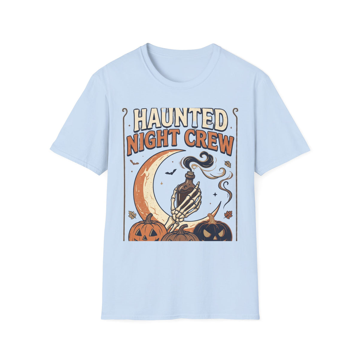 Haunted Night Crew T-Shirt — Retro Halloween Skeleton & Pumpkin Tee