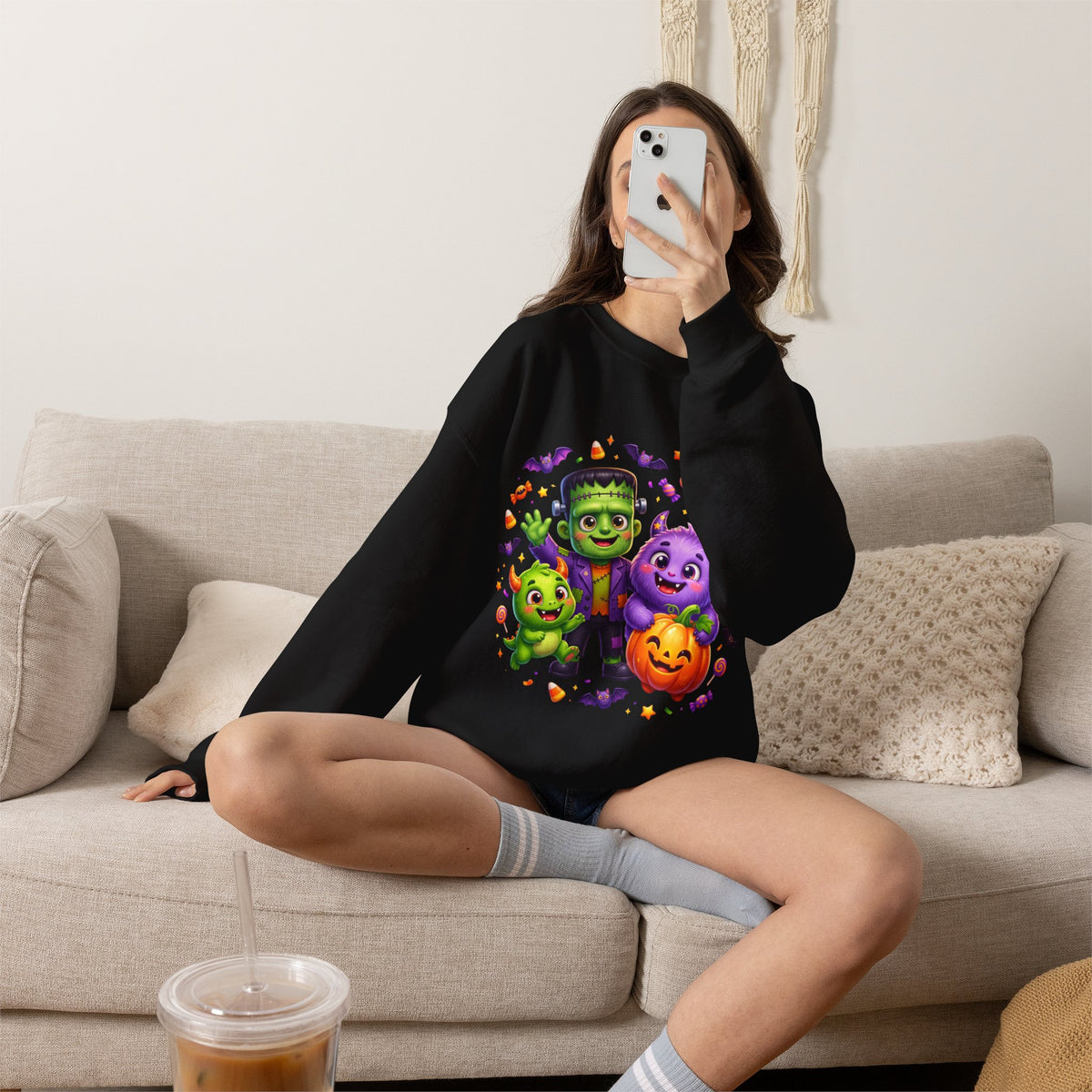Halloween Monster Crewneck Sweatshirt — Cute Frankenstein, Vampire & Pumpkin Design