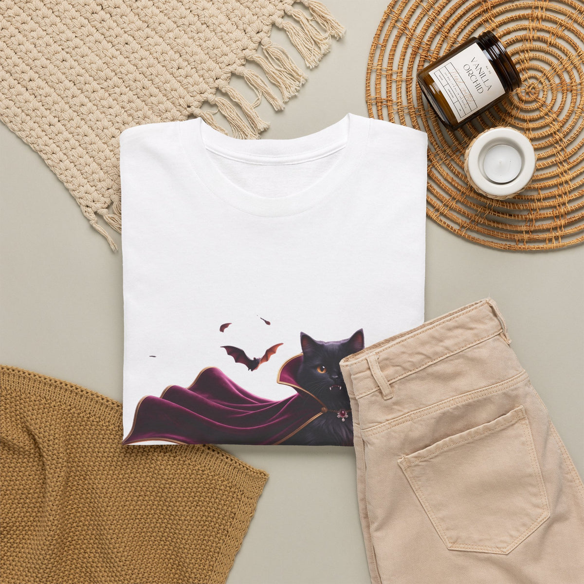 Vampire Cat Tee — Gothic Black Cat with Cape & Candles T-Shirt