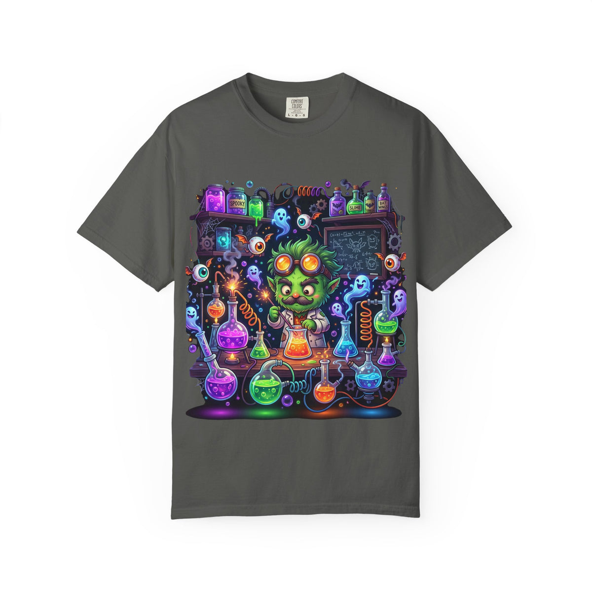 Mad Scientist Cat Lab T-Shirt — Neon Potion Halloween Tee