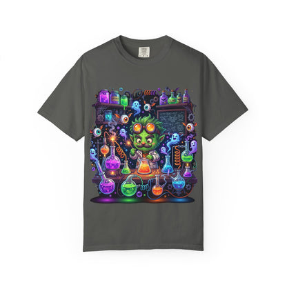 Mad Scientist Cat Lab T-Shirt — Neon Potion Halloween Tee