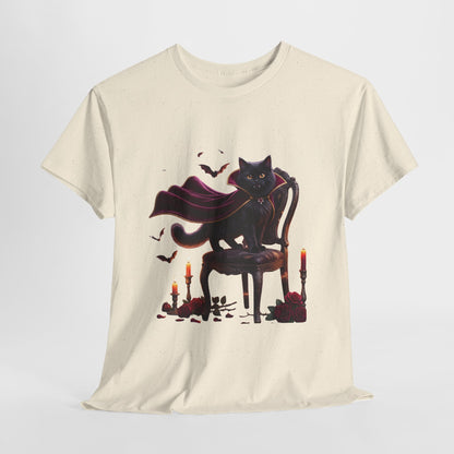 Vampire Cat Tee — Gothic Black Cat with Cape & Candles T-Shirt