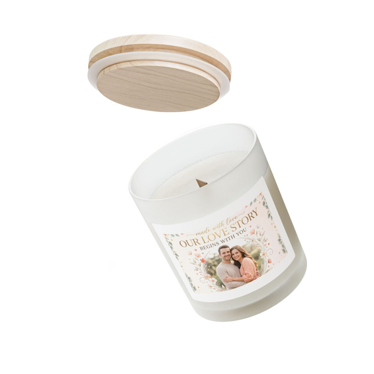 Our Love Story Personalized Frosted Glass Candle – 11oz Romantic Photo Candle