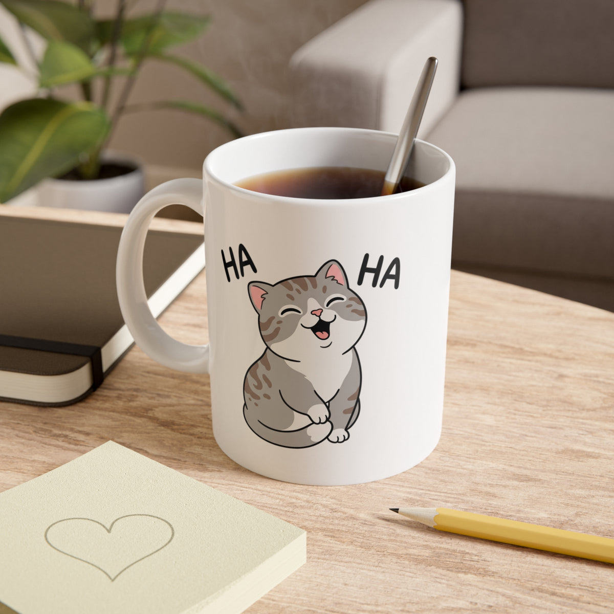 Laughing Cat Mug — Cute Grey Kitten 'HA HA' Ceramic Coffee Cup, Funny Cat Lover Gift