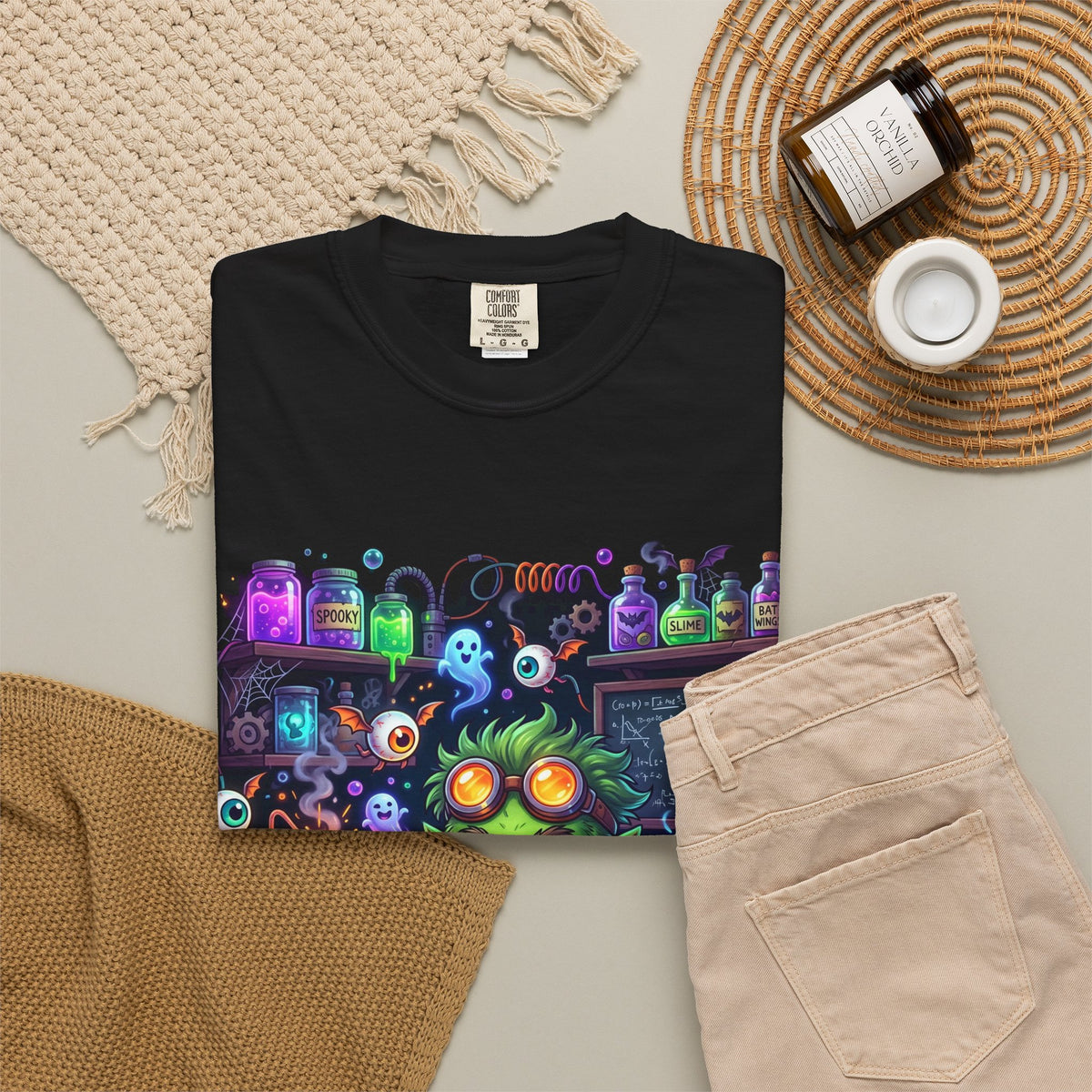 Mad Scientist Cat Lab T-Shirt — Neon Potion Halloween Tee