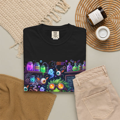 Mad Scientist Cat Lab T-Shirt — Neon Potion Halloween Tee