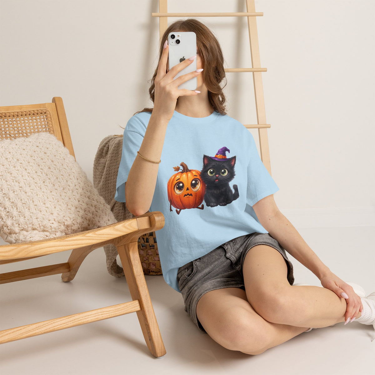 Halloween Black Cat & Pumpkin T‑Shirt — Cute Witch Hat Kitty Fall Tee