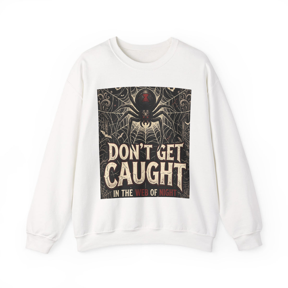 Spider Web Sweatshirt - "Don't Get Caught in the Web of Night" Graphic Crewneck
