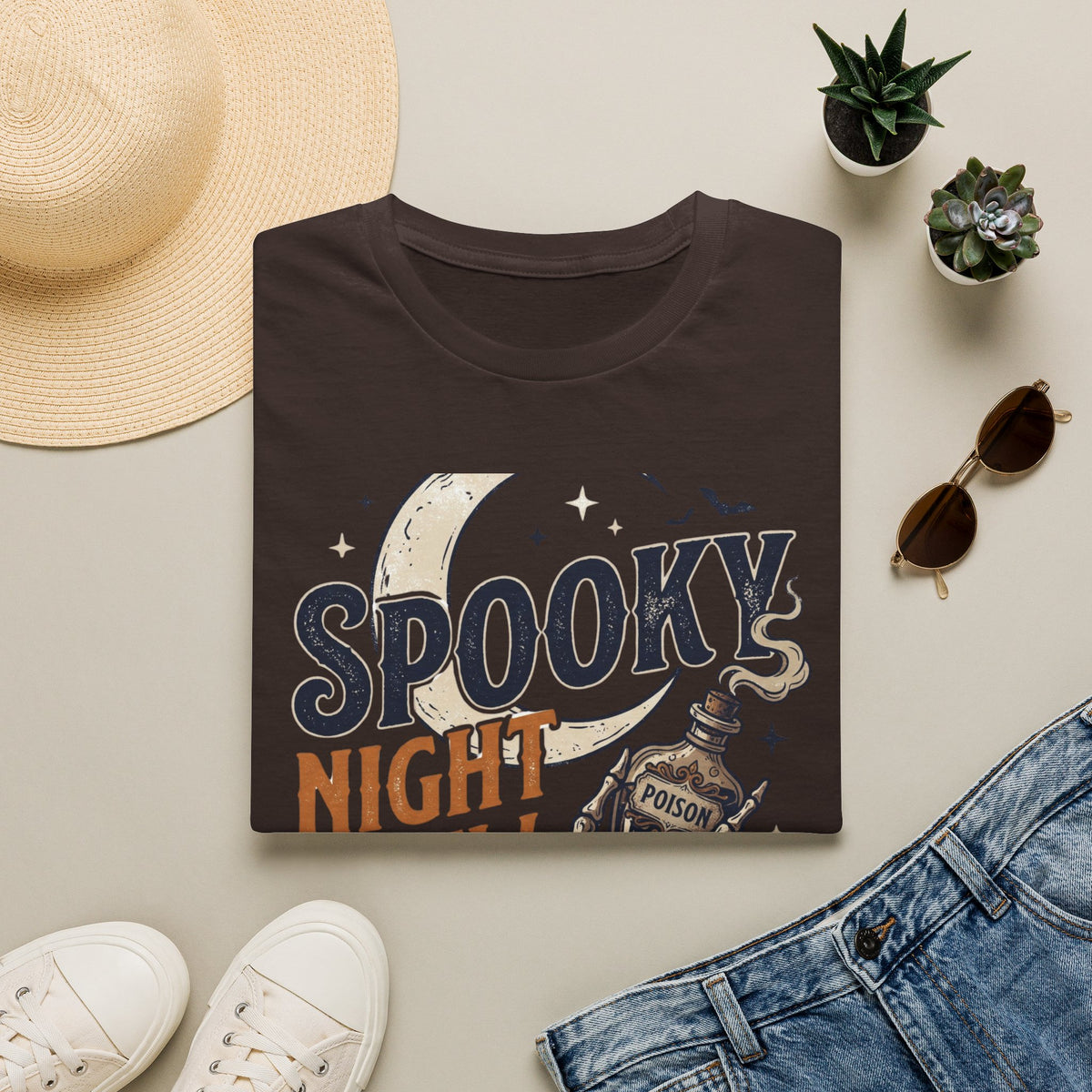 Spooky Night Crew T-Shirt — Halloween Moon, Skeleton & Pumpkins Tee