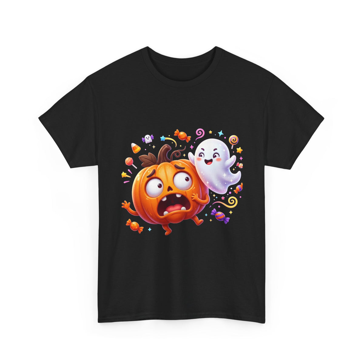 Cute Halloween Pumpkin & Ghost Tee — Scared Pumpkin Candy Graphic T-Shirt