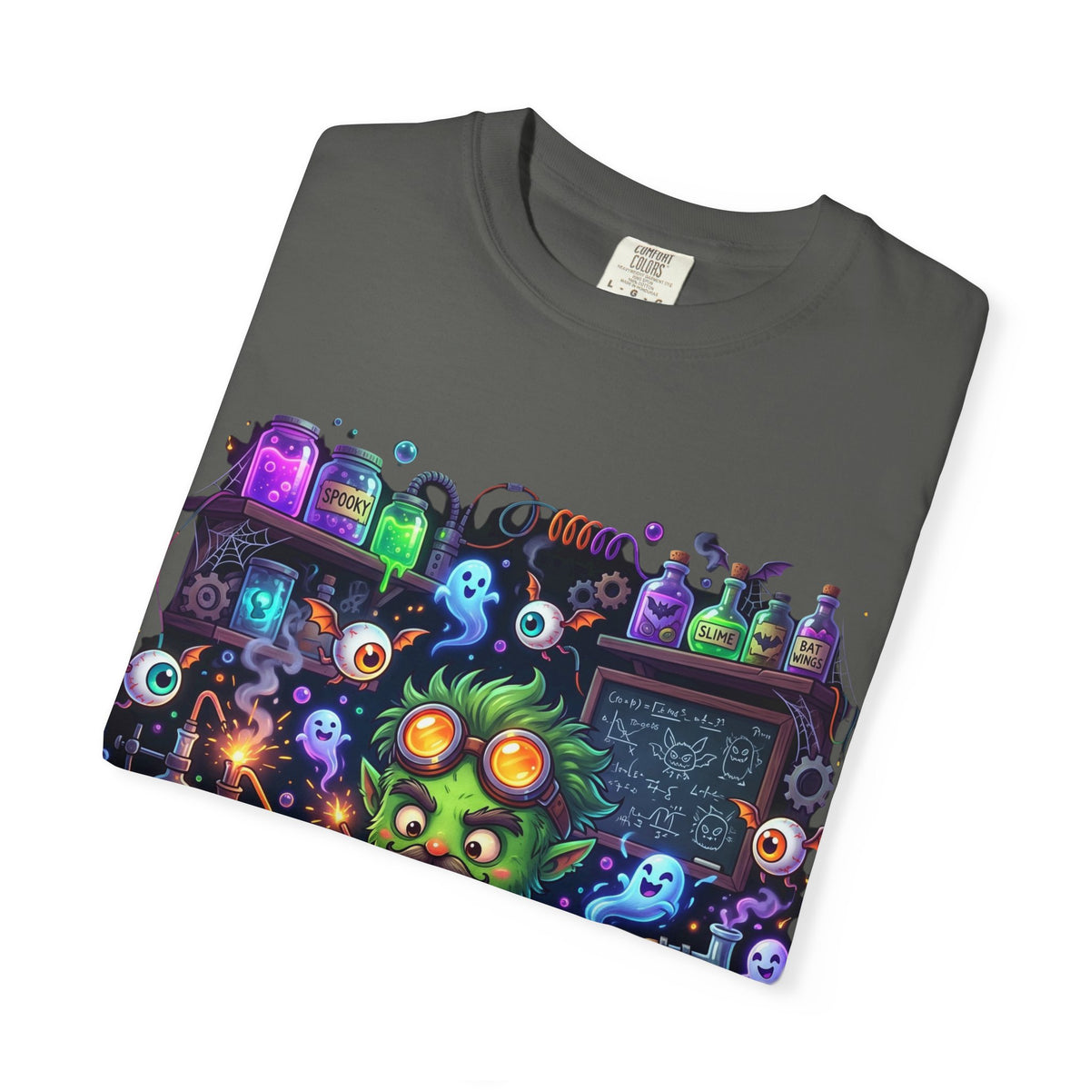Mad Scientist Cat Lab T-Shirt — Neon Potion Halloween Tee