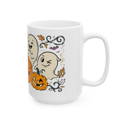 Halloween Pumpkin & Ghost Ceramic Mug — Cute Spooky Fall Coffee Cup (11oz/15oz)