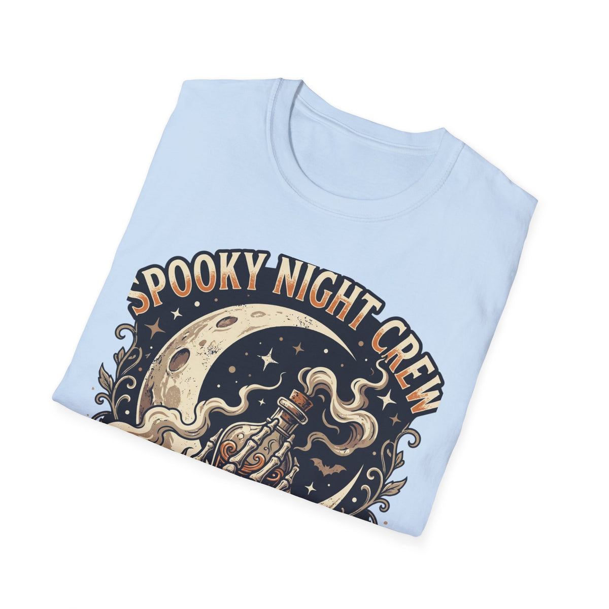 Spooky Night Crew T-Shirt — Vintage Halloween Moon & Skeleton Graphic