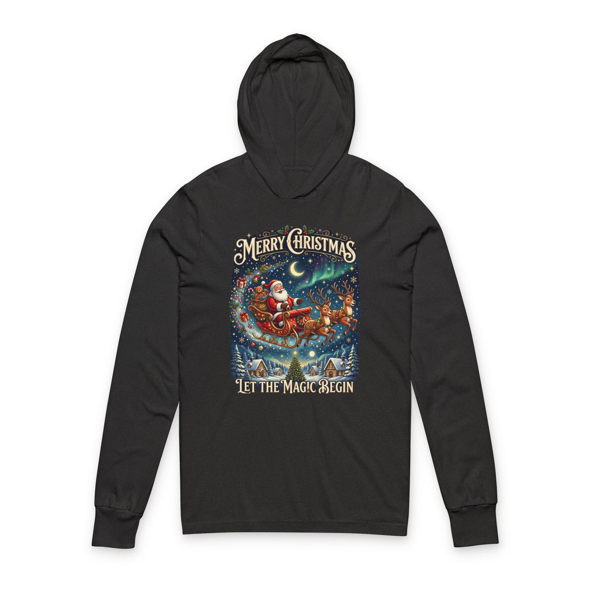 Christmas Hoodie Tee — “Merry Christmas: Let the Magic Begin” Holiday Hooded Long Sleeve