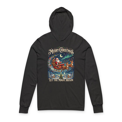 Christmas Hoodie Tee — “Merry Christmas: Let the Magic Begin” Holiday Hooded Long Sleeve