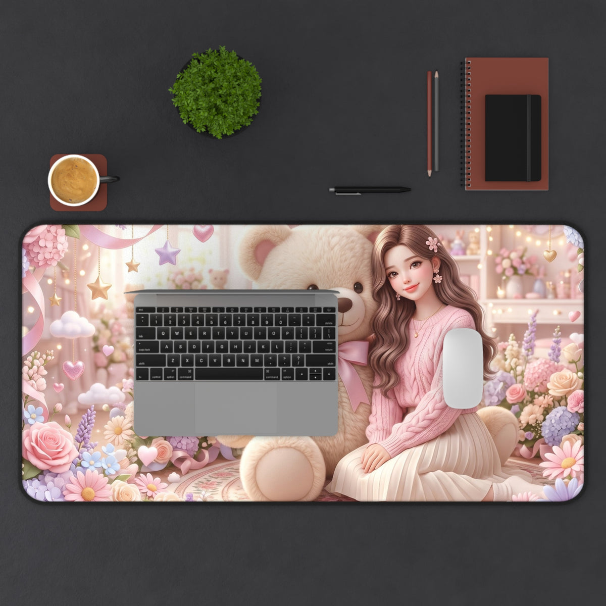 Cute Teddy Bear Desk Mat — Pastel Floral Girl Mousepad