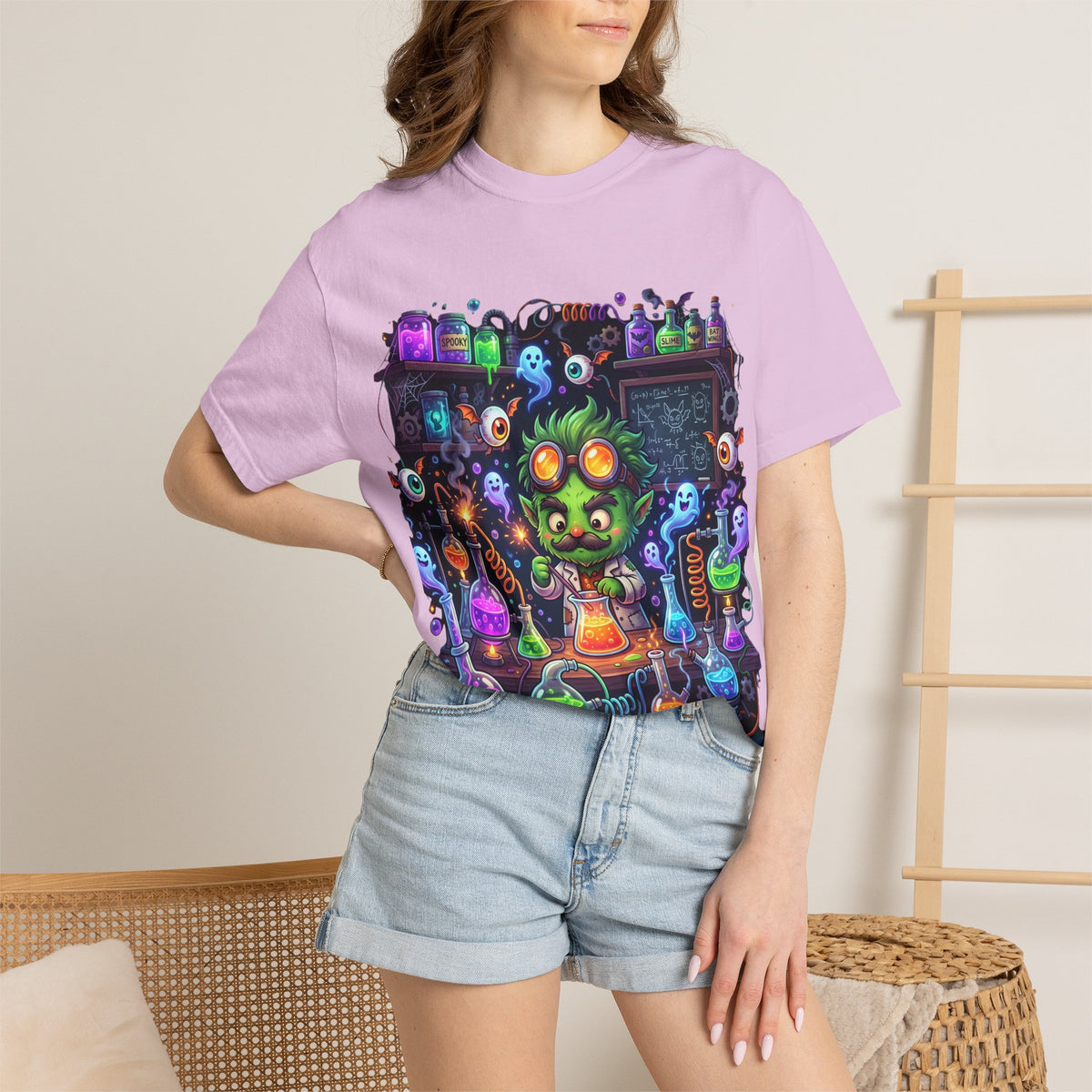 Mad Scientist Cat Lab T-Shirt — Neon Potion Halloween Tee