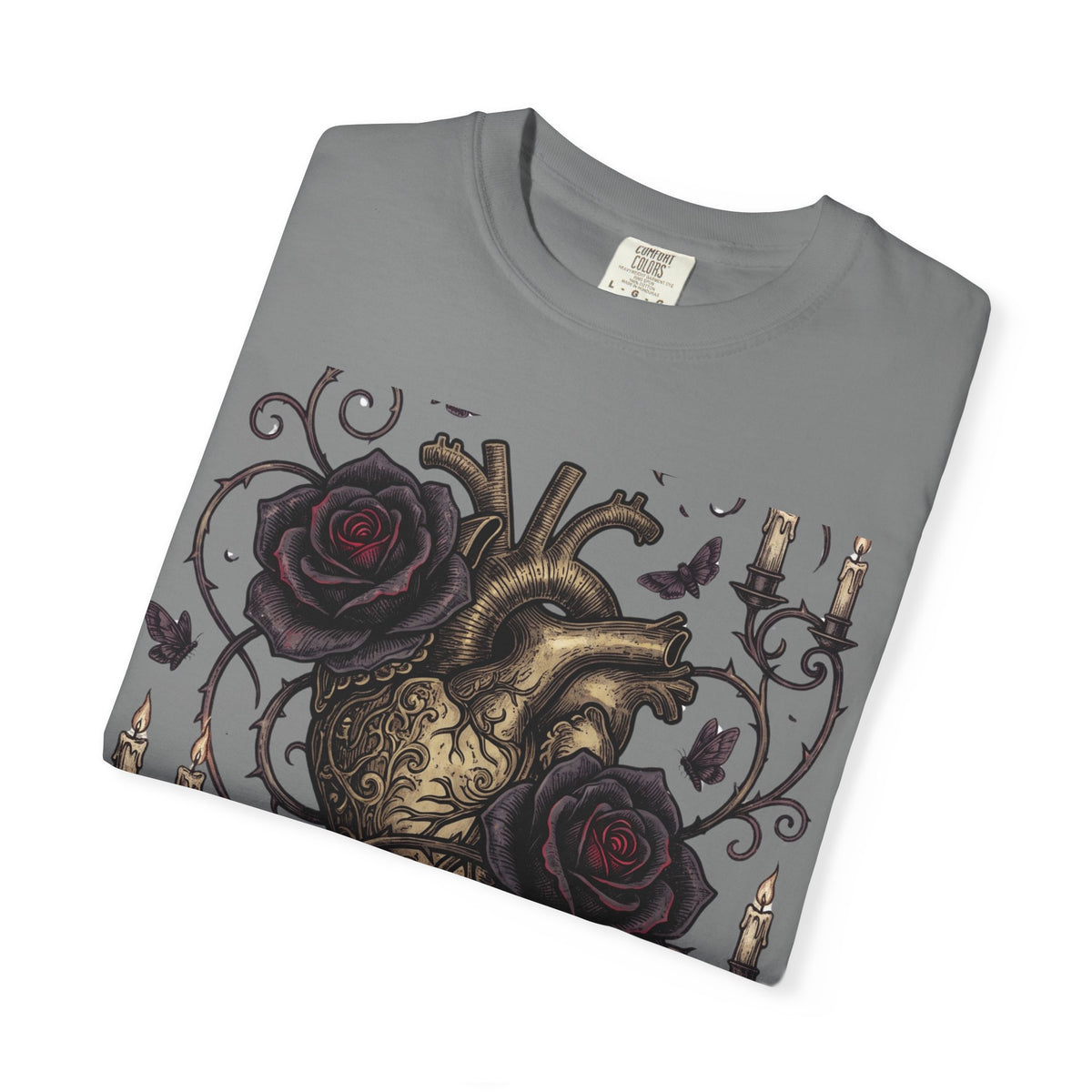 Love Never Dies Heart T-Shirt — Gothic Rose "Forever After Dark" Tee