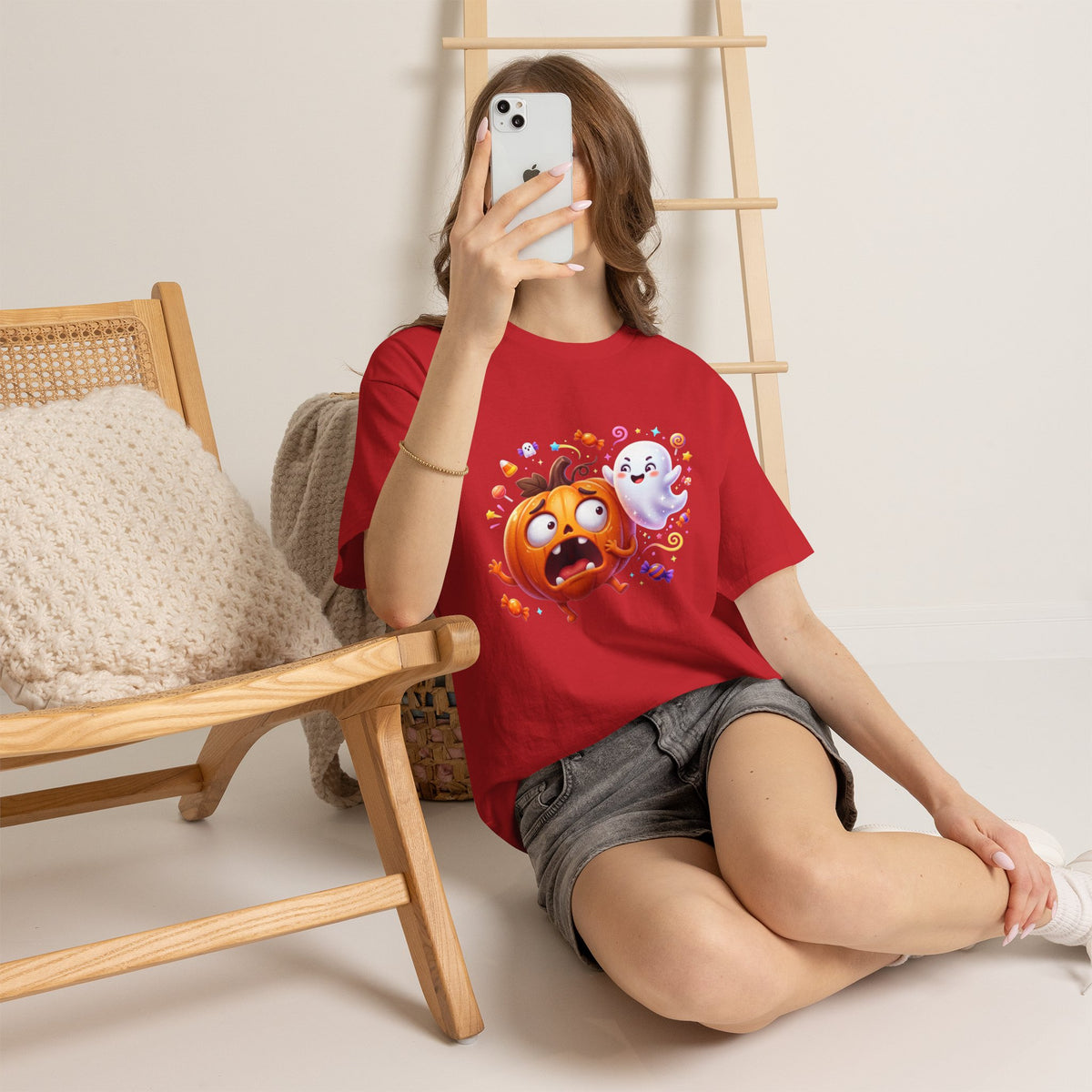 Cute Halloween Pumpkin & Ghost Tee — Scared Pumpkin Candy Graphic T-Shirt