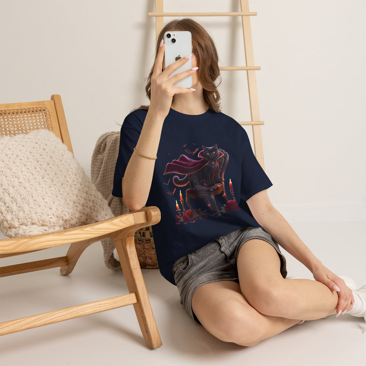 Vampire Cat Tee — Gothic Black Cat with Cape & Candles T-Shirt