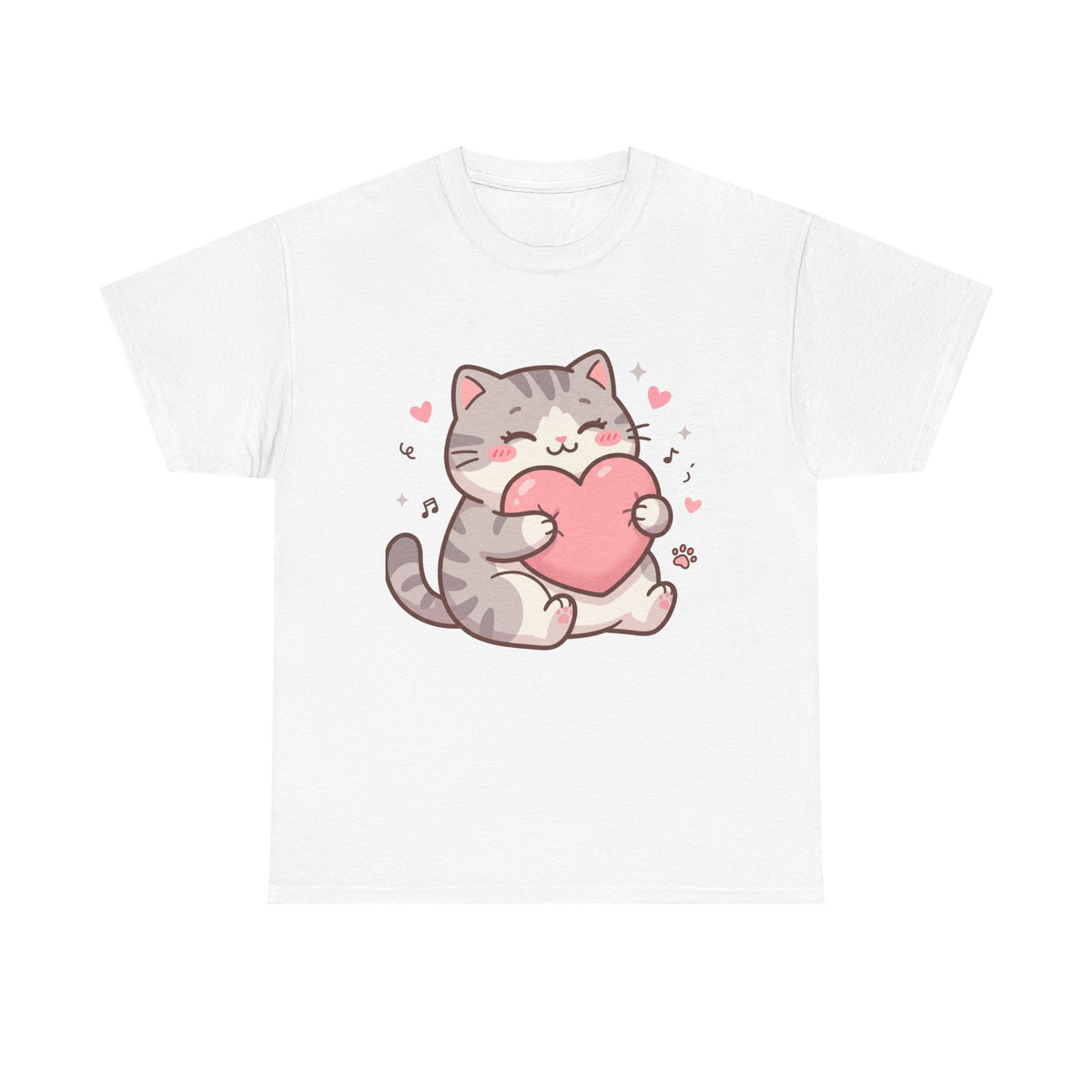 Cute Cat Hugging Heart T-Shirt — Kawaii Valentine Kitty Tee