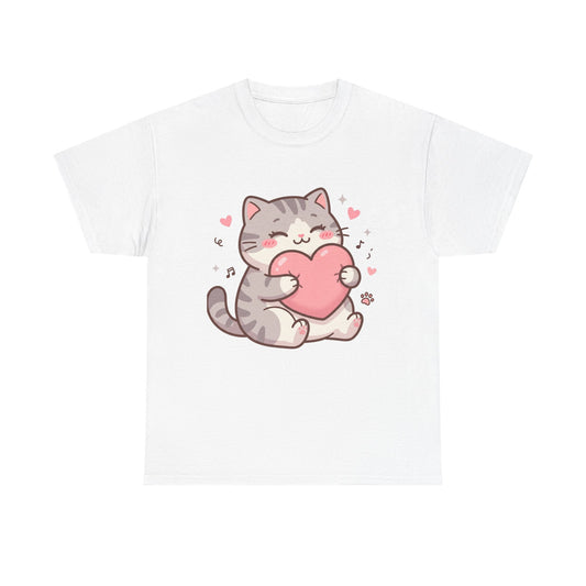 Cute Cat Hugging Heart T-Shirt — Kawaii Valentine Kitty Tee